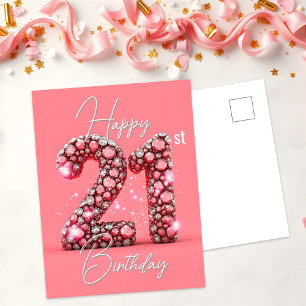 Sparkling Pink & Silver Gemstone 21. Geburtstag Postkarte