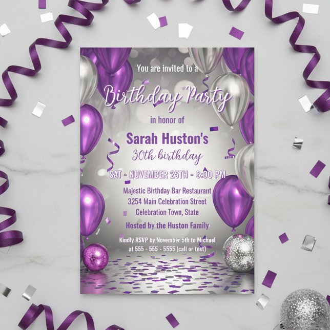 Sparkling Purple and Silver 30th Birthday Party Einladung (Von Creator hochgeladen)