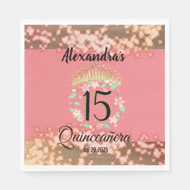 Sparkling Rose Gold Quinceñera Prinzessin Spanisch Serviette (Vorderseite)