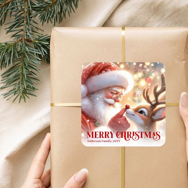 Sparkling Santa Rudolph Personalized Christmas   Quadratischer Aufkleber (Sparkling Santa Rudolph Personalized Christmas Sticker)