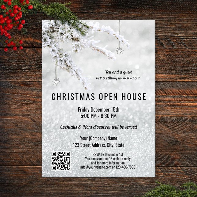 Sparkling Snow Christmas Company Open House QR in Einladung (Christmas open house party invitation with an elegant silver snow design and QR code template)