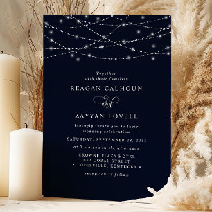 Sparkling String Lights Elegant Navy Blue Wedding Einladung
