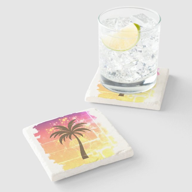 Sparkling Sunset Palm Tree | Tropical Paradise Sil Steinuntersetzer (Seitenansicht)