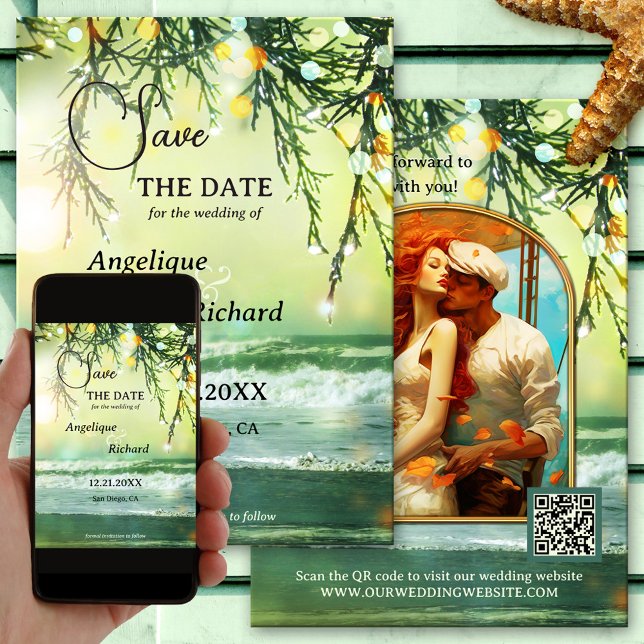 Sparkling Weihnachts Beach Foto Save the Date Kart (Christmas Wedding Save the Date Card featuring a teal green beach with sparkling lights on pine twig)