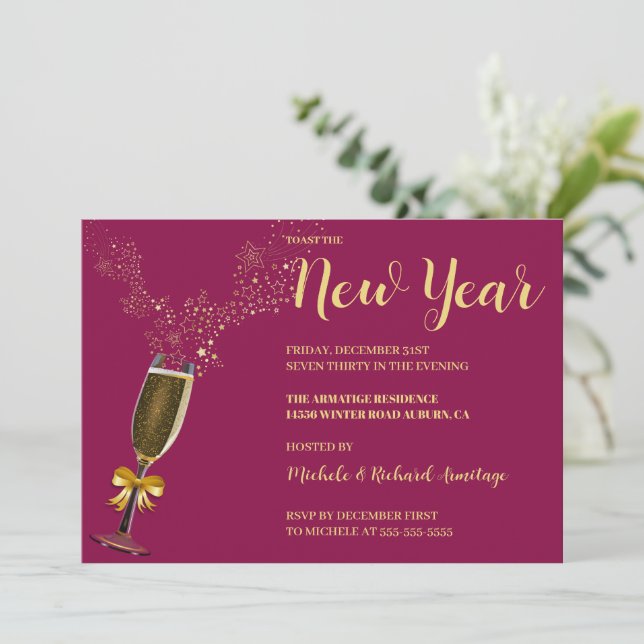 Sparkling Wein Neujahr Einladung (Stehend Vorderseite)