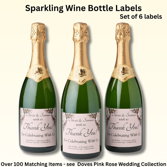 Sparkling Wine Bottle Labels, Pink Roses & Doves  (Von Creator hochgeladen)
