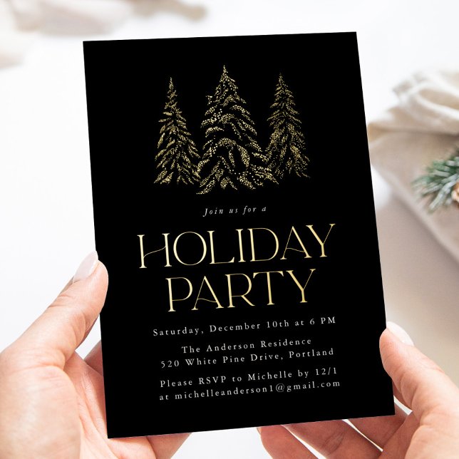 Sparkling Winter Pine Black Holiday Party Folieneinladung (Von Creator hochgeladen)