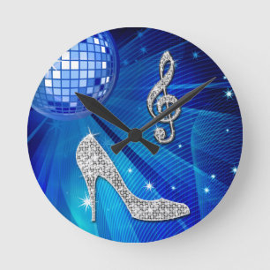 Sparkly Blue/silver Music Note & Stiletto Heel Runde Wanduhr