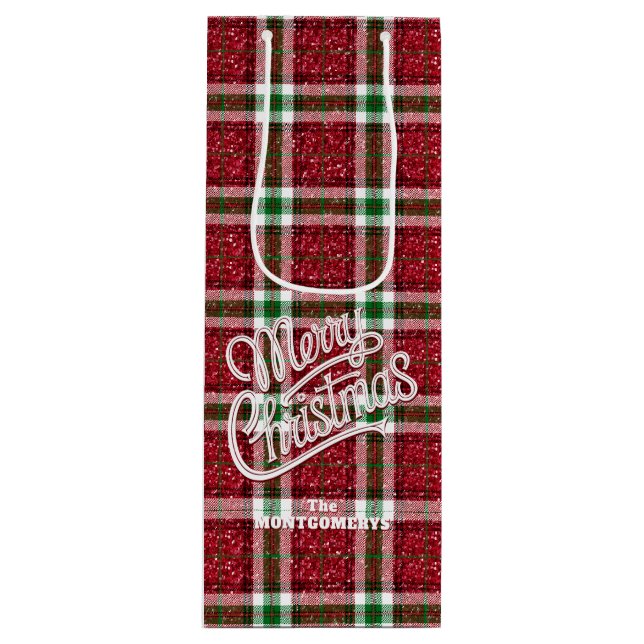 Sparkly Christmas Plaid  Geschenktüte Für Weinflaschen (Vorderseite)
