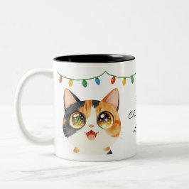 Sparkly-Eyed Cat Holy Christmas Lights Zweifarbige Tasse