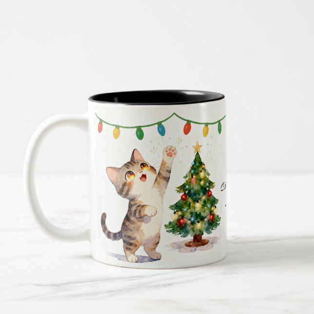 Sparkly-Eyed Christmas Tree Kitten Gift Zweifarbige Tasse (Links)