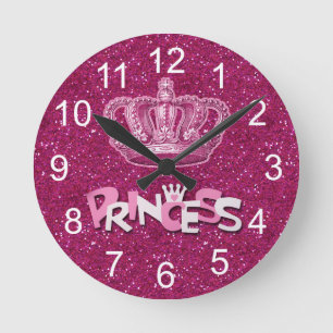 Sparkly Hot Pink Princess Glitter & Vintage Crown Runde Wanduhr