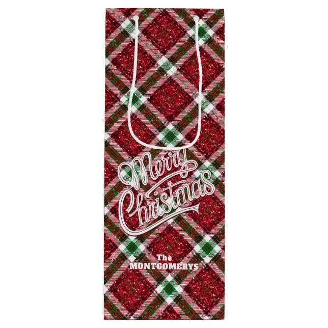 Sparkly Merry Christmas Plaid  Geschenktüte Für Weinflaschen (Vorderseite)