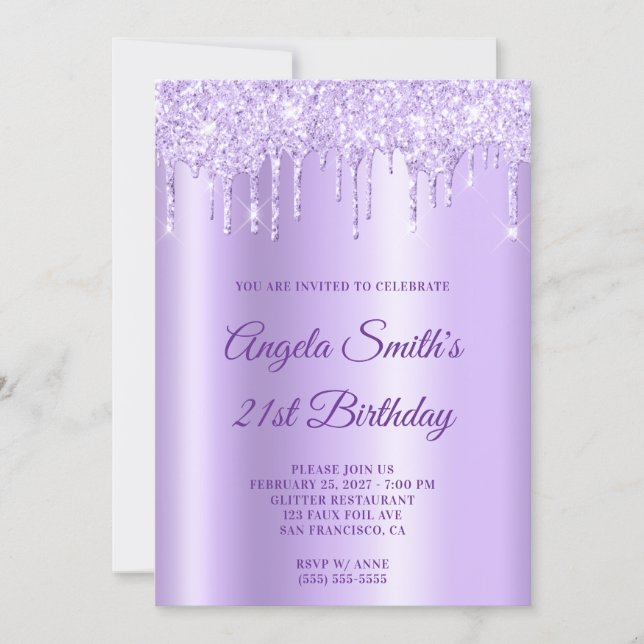 Sparkly Pale Purple Glitter Drips Lavender Ombre Einladung (Vorderseite)