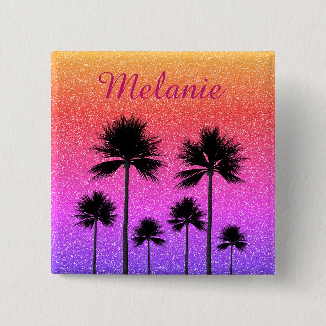 Sparkly Palm Trees Gradient Sunset Personalised Button (Vorderseite)