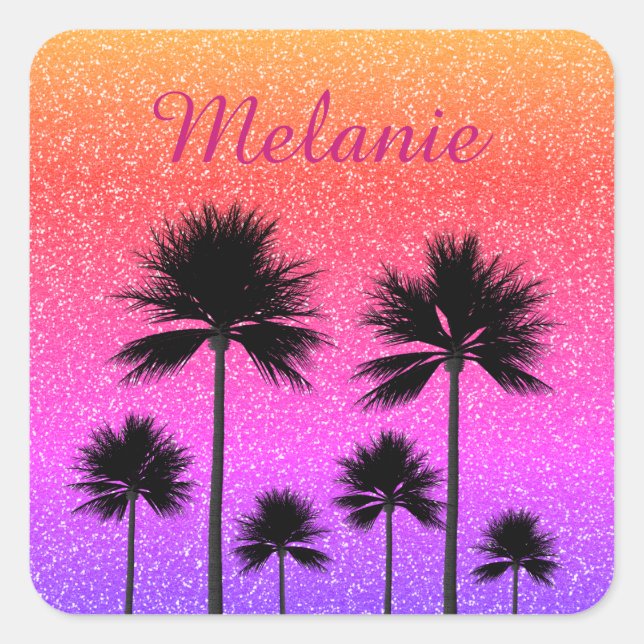 Sparkly Palm Trees Gradient Sunset Personalised Quadratischer Aufkleber (Vorderseite)
