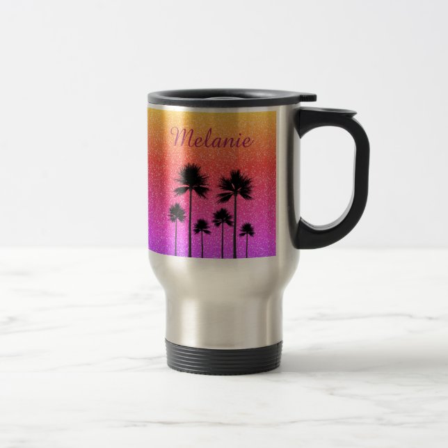Sparkly Palm Trees Gradient Sunset Personalised Reisebecher (Rechts)