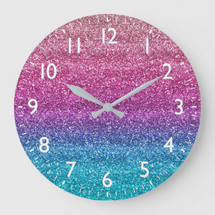 Sparkly Pink and Blue Gradient Glitter Große Wanduhr