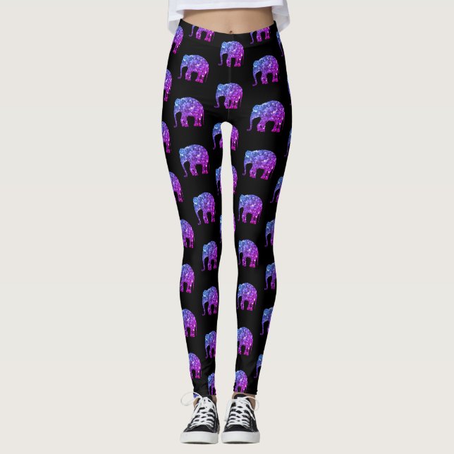 Sparkly purple blue ombre Elephant pattern black Leggings (Vorderseite)
