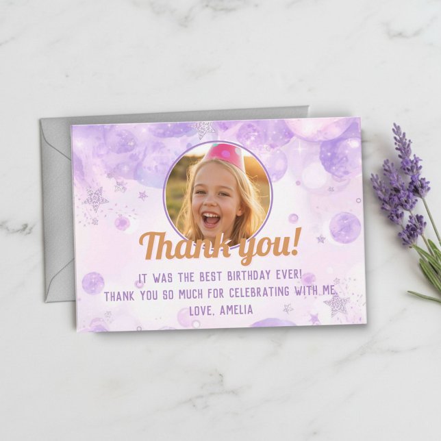 Sparkly Purple Photo Girls Birthday Party Dankeskarte (Von Creator hochgeladen)