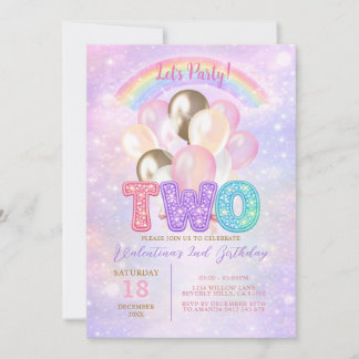 Sparkly Rainbow Glitter Balloon 2nd Birthday Einladung
