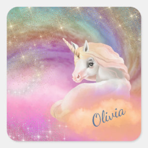 Sparkly Rainbow Universe Unicorn Quadratischer Aufkleber