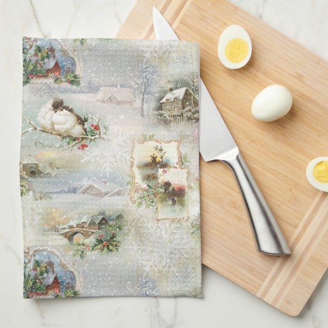 Sparkly Rustic Christmas Winter Scenes Collage Geschirrtuch (Viertel Falte)
