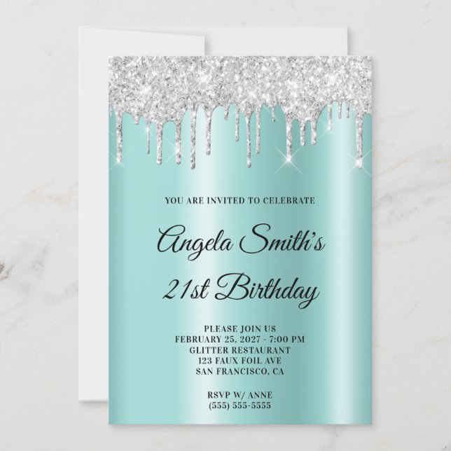 Sparkly Silver Glitter Drips Light Teal Ombre Einladung (Vorderseite)