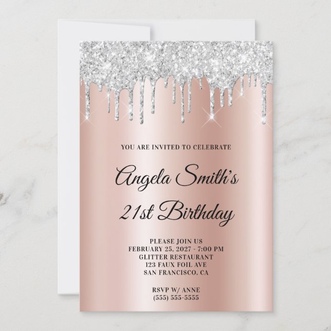 Sparkly Silver Glitter Drips Rose Gold Ombre Einladung (Vorderseite)