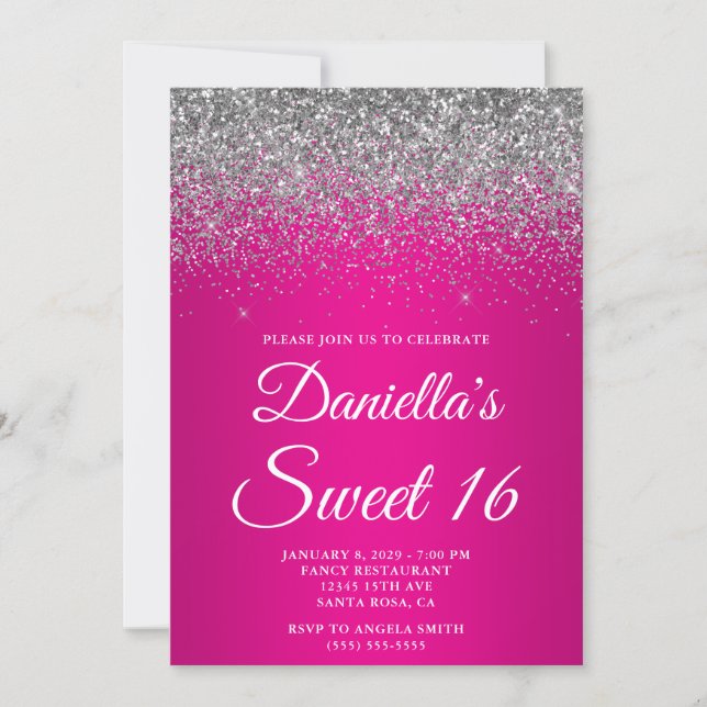 Sparkly Silver Glitter Hot Pink Gradient Sweet 16 Einladung (Vorderseite)