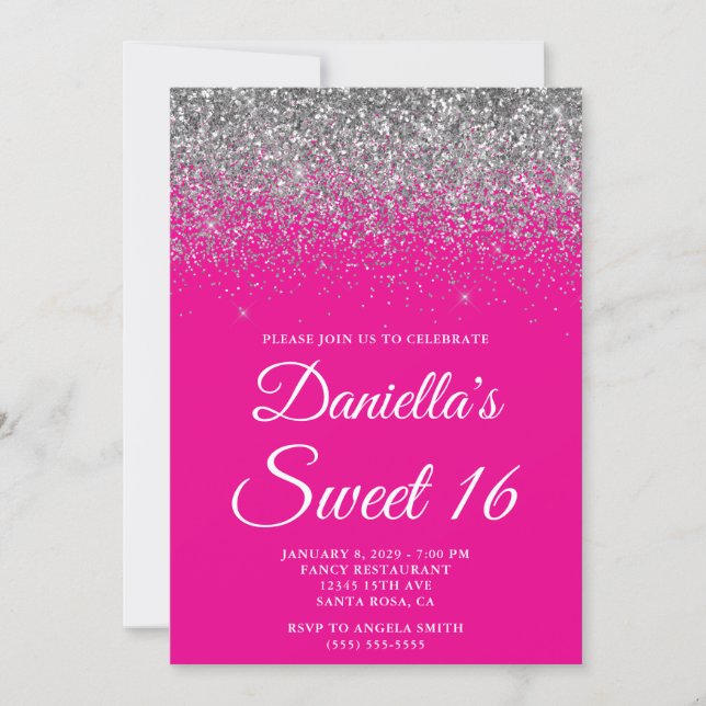 Sparkly Silver Glitter Hot Pink Sweet 16 Einladung (Vorderseite)