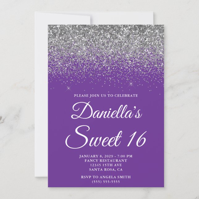 Sparkly Silver Glitter Royal Purple Sweet 16 Einladung (Vorderseite)