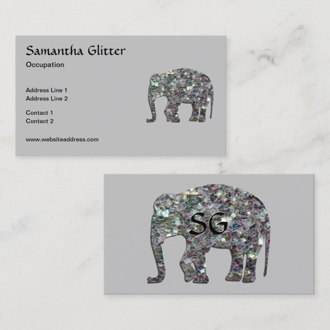 Sparkly silver mosaic Elephant Monogram on gray Visitenkarte (Vorne/Hinten)