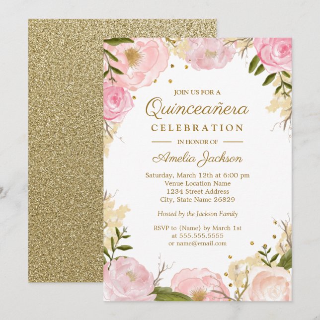Sparkor Pink Gold Quinceanera Einladung (Vorne/Hinten)