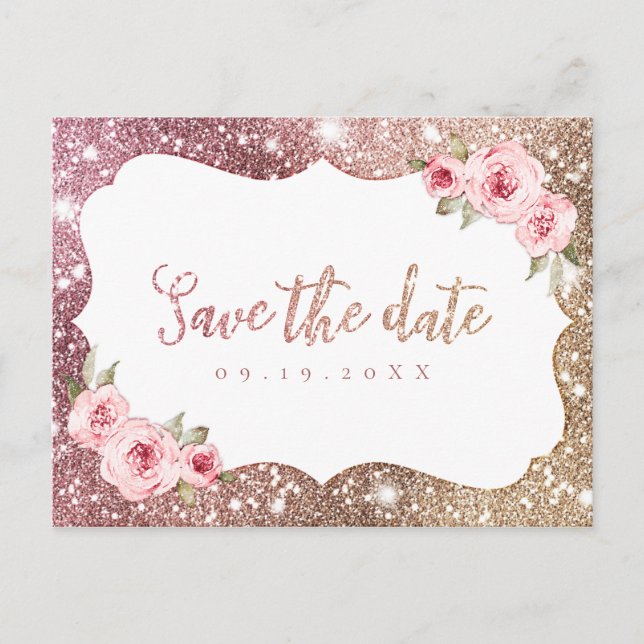 Sparkor Rose Gold Glitzer Save the Date blühend Ankündigungspostkarte (Vorderseite)
