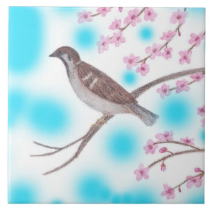 Sparrow in Cherry Blossom Tree Sky Tiles Fliese