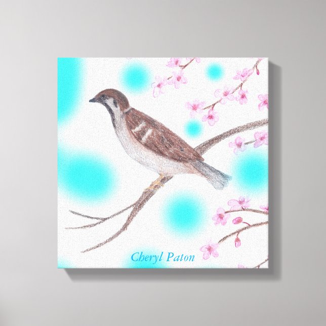 Sparrow in Cherry Blossom Tree Sky Wrapped Canvas Leinwanddruck (Vorderseite)