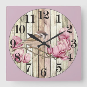 Sparrow on a Pink Flower Quadratische Wanduhr
