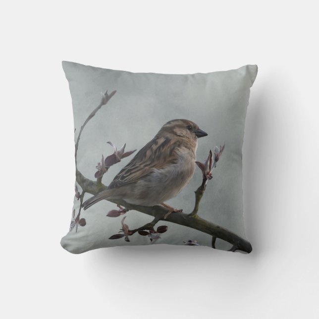Sparrow on Branch Kissen (Vorderseite)