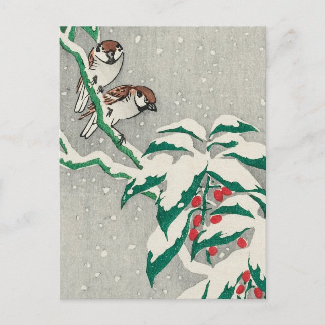 Sparrows auf Snowy Berry Bush von Ohara Koson Postkarte (Vorderseite)
