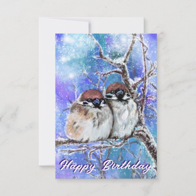 Sparrows Couple in Winter Birthday Card - Malerei Karte (Vorderseite)