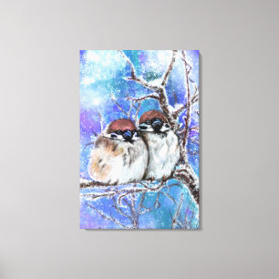 Sparrows Couple in Winter Canvas Druckfarbe Leinwanddruck