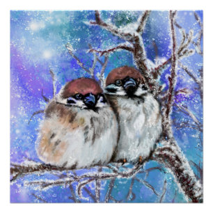 Sparrows Couple in Winter Poster - Malerei