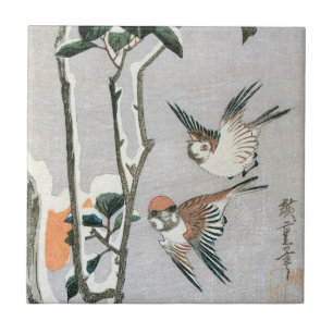 Sparrows und Kamelien in Snow von Ando Hiroshige Fliese