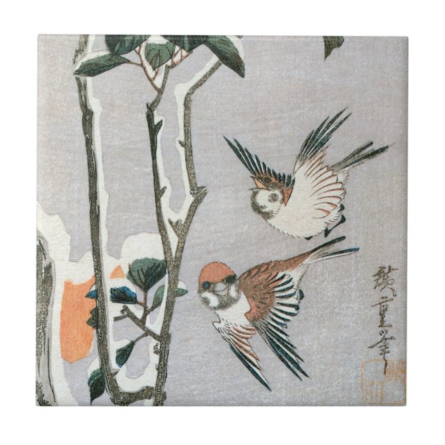 Sparrows und Kamelien in Snow von Ando Hiroshige Fliese (Vorderseite)