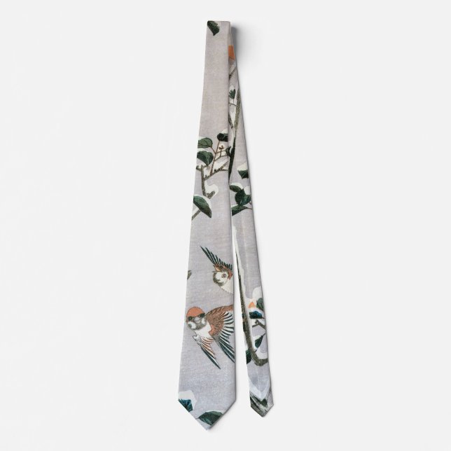 Sparrows und Kamelien in Snow von Ando Hiroshige Krawatte (Vorderseite)