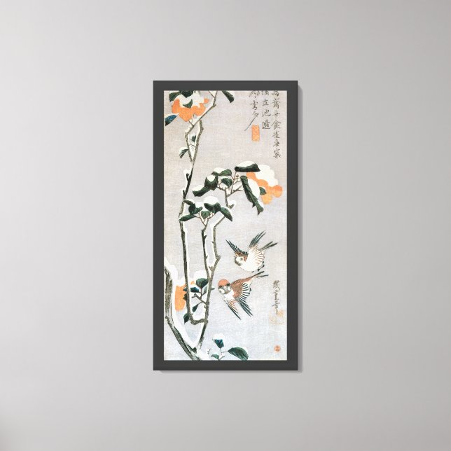 Sparrows und Kamelien in Snow von Ando Hiroshige Leinwanddruck (Vorderseite)