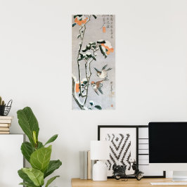 Sparrows und Kamelien in Snow von Ando Hiroshige Poster