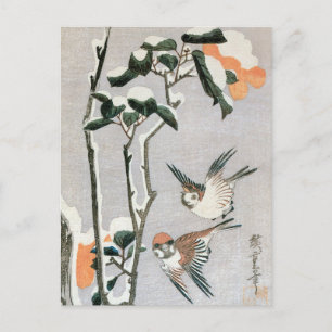 Sparrows und Kamelien in Snow von Ando Hiroshige Postkarte