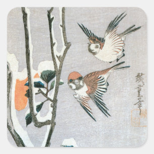Sparrows und Kamelien in Snow von Ando Hiroshige Quadratischer Aufkleber